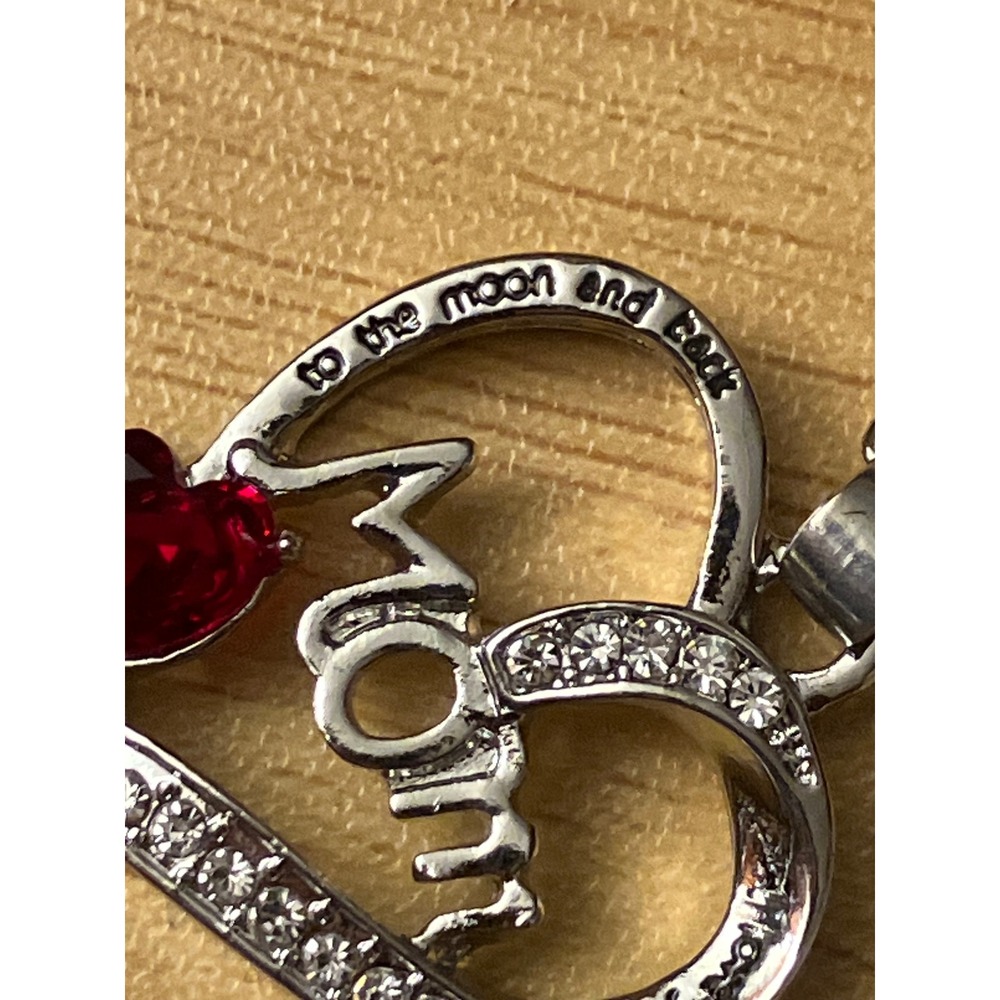 Mom Heart Necklace Silver Tone Red Crystal I Love You To The Moon And Back - Picture 3 of 4